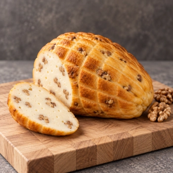 Wędzony ser podpuszczkowy z orzechem włoskim 350g na jasnej drewnianej desce